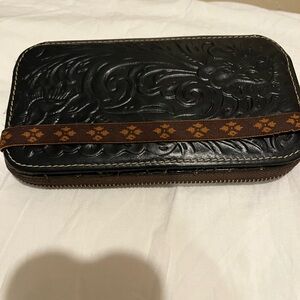 Patricia Nash black Embossed Leather Clutch with Brown Strap